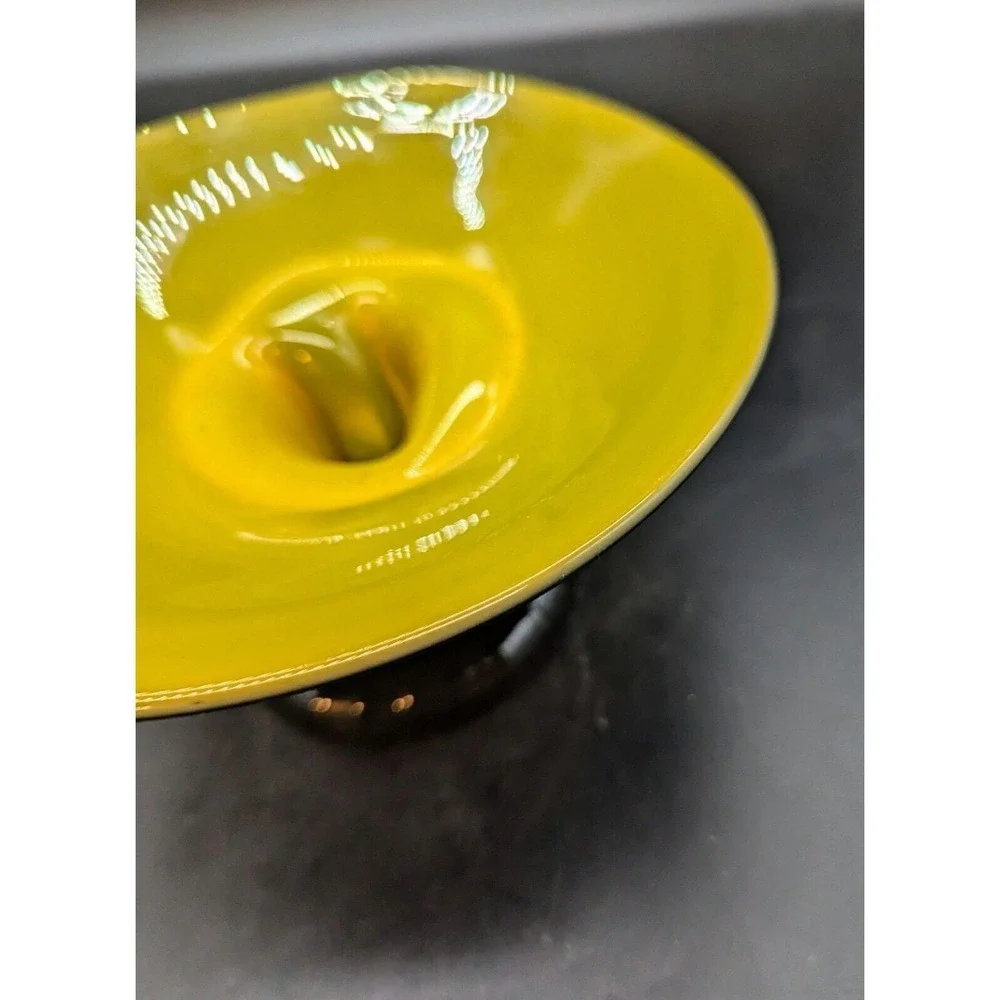 Vintage Bohemian Tango Glass Yellow Black Footed Bowl Compote 6.75
